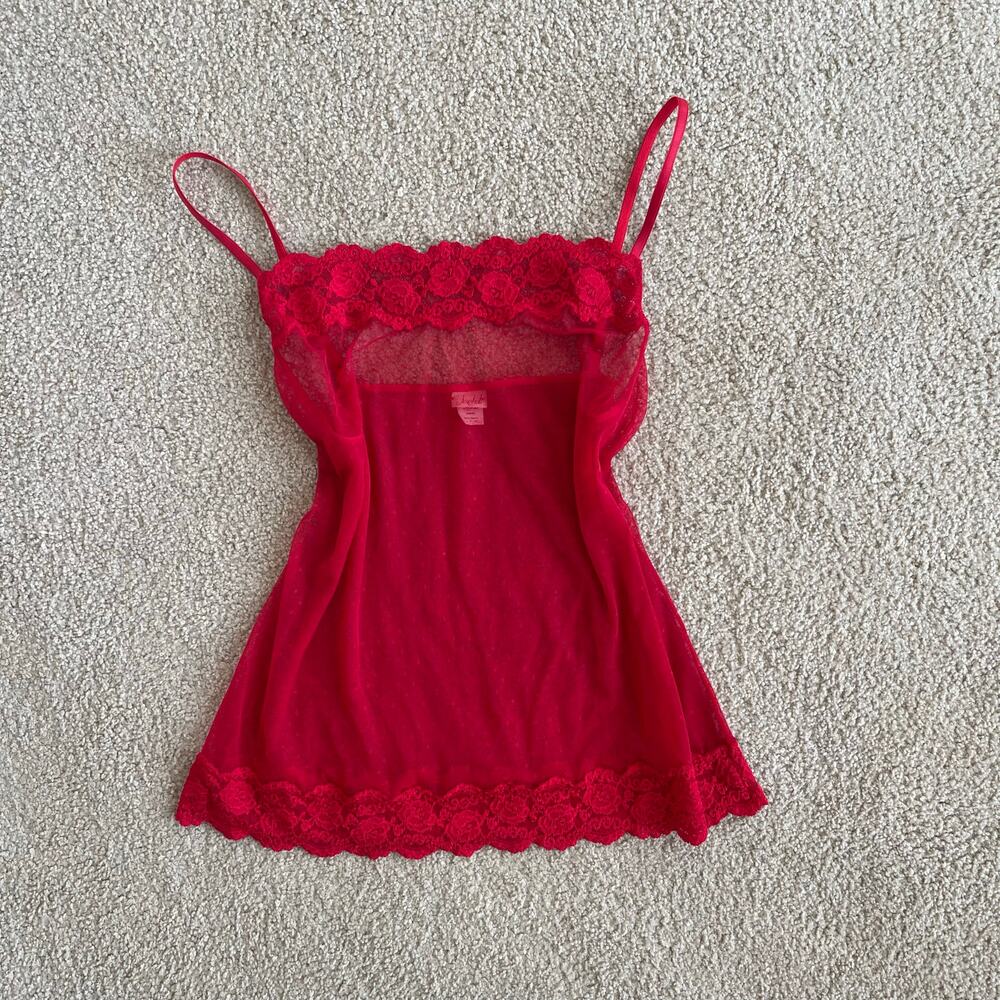 Y2K red polka dot mesh coquette babydoll lace cami - size L